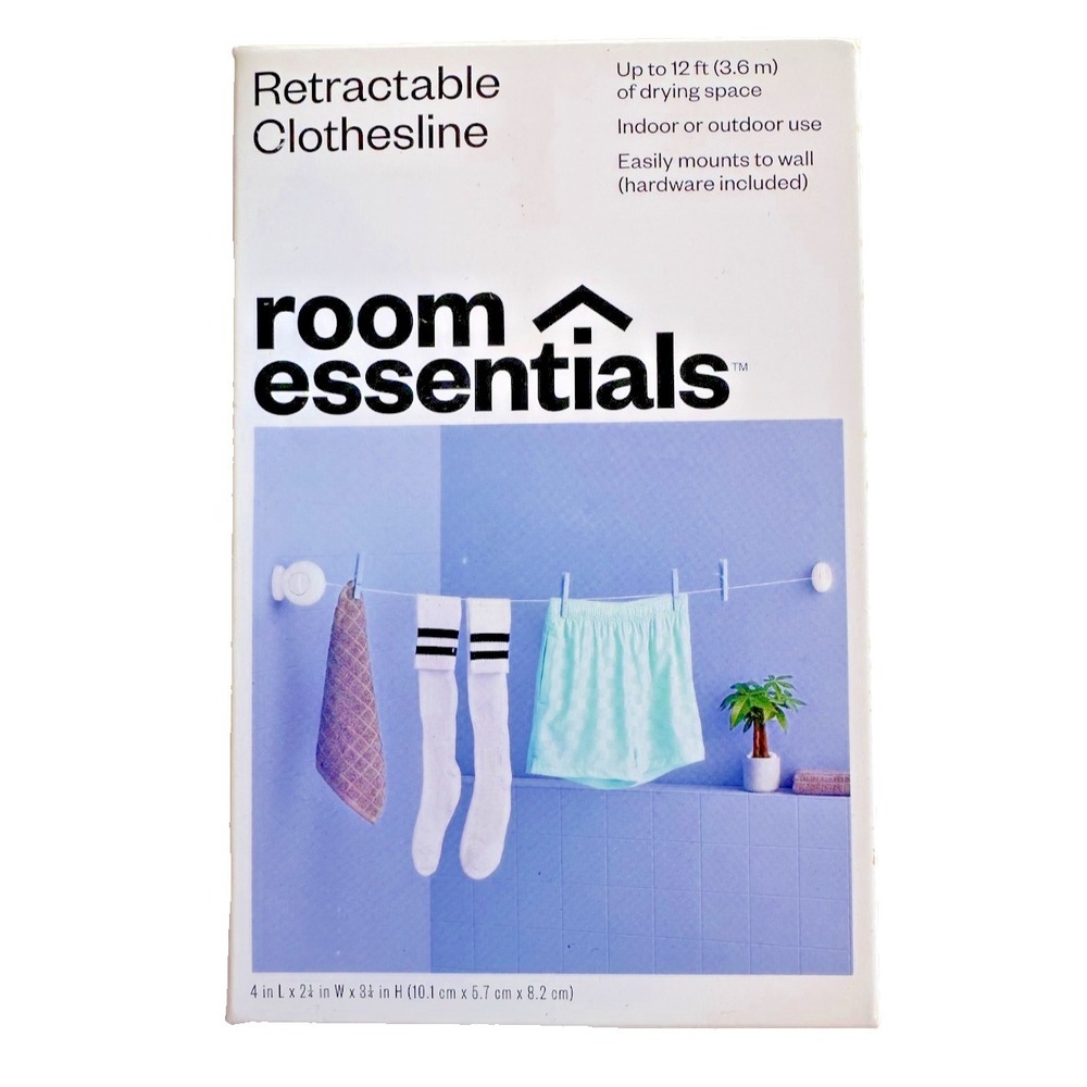Room Essentials Retractable Clothesline 12ft Indoor Outdoor Wall Mount NOB NEW